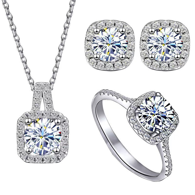 Korean Fashion Square Zircon Pendant Necklace For Women's Exquisite Light Luxury Versatile Style Necklace Earrings Ring Gift Qoddess