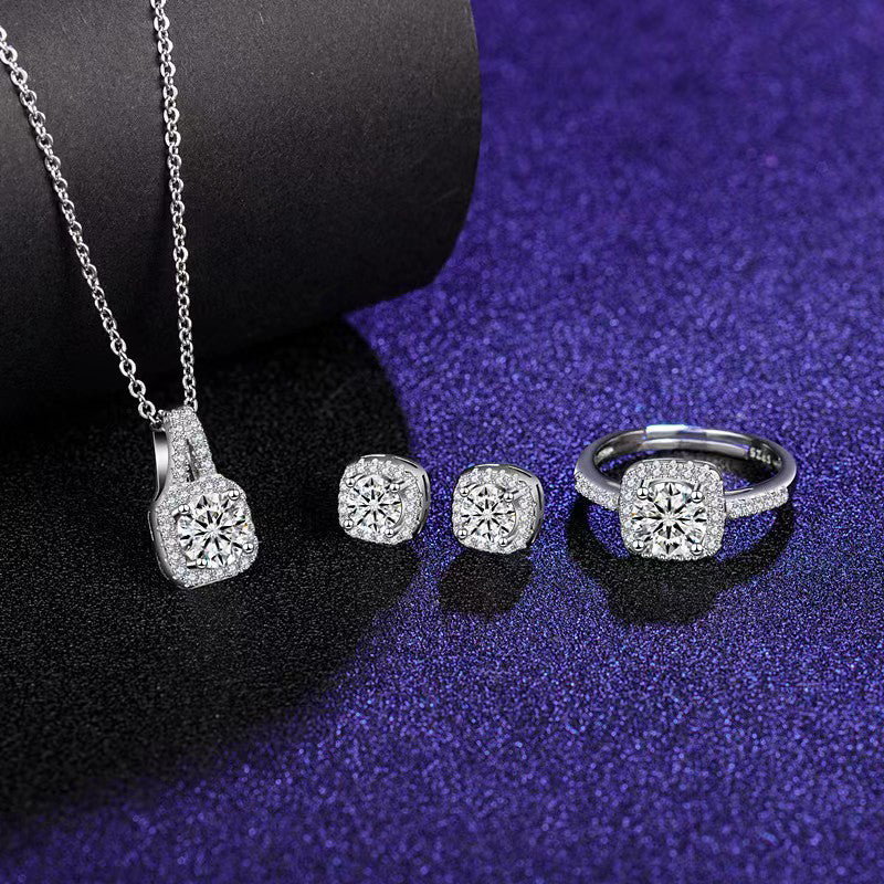 Korean Fashion Square Zircon Pendant Necklace For Women's Exquisite Light Luxury Versatile Style Necklace Earrings Ring Gift Qoddess